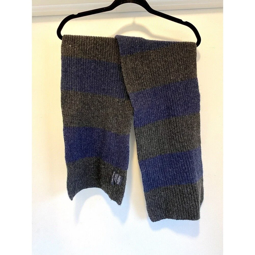 Nautica 100% Wool Knit Scarf Mens Gray Navy Striped Warm Winter